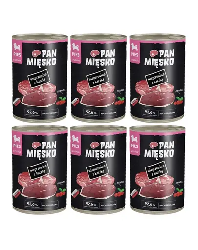 PAN MIĘSKO Carne de porc cu rață hrană umedă pentru căței 6x400 g