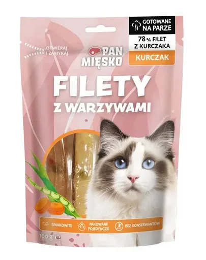 PAN MIĘSKO Gustare pentru pisici, fileuri de pui cu legume 100 g
