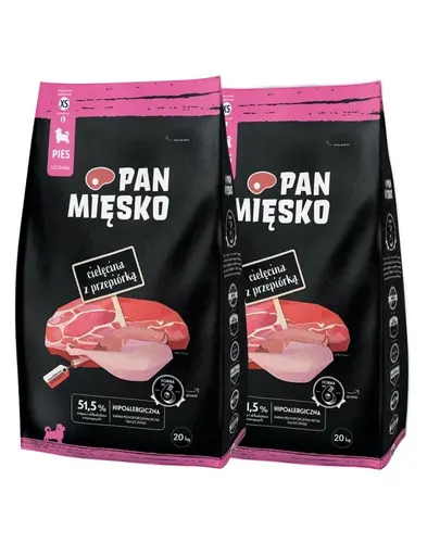 PAN MIĘSKO Hrană uscată cu vițel și prepeliță pentru căței XS 2x20 kg