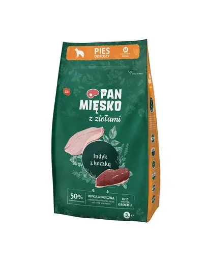 PAN MIĘSKO ierburi aromatice, curcan si rata M 3 kg hrana caini rasa medie