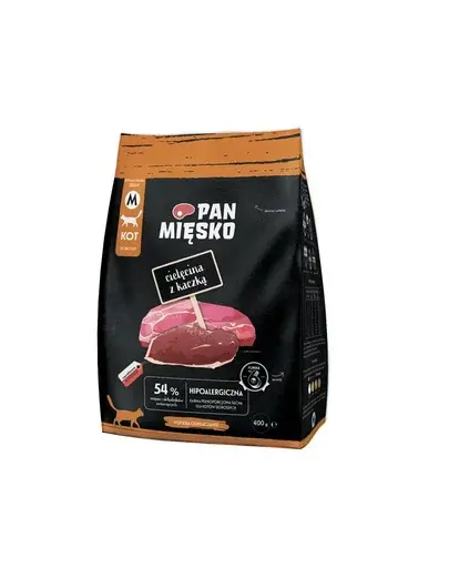 PAN MIĘSKO Vițel cu rață hrană uscată pentru pisici M 400 g