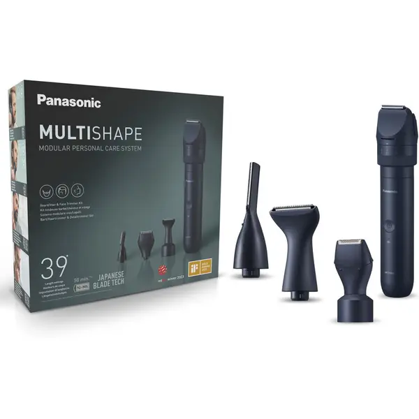 Panasonic Pachet tuns & gromming barba Panasonic MultiShape ER-CKN1-PAC1, 3 tipuri de capete de ras pentru contur, autonomie 50 min, quick charge 1H, acumulator Ni-MH, 39 de setari de lungime, husa transport, negru