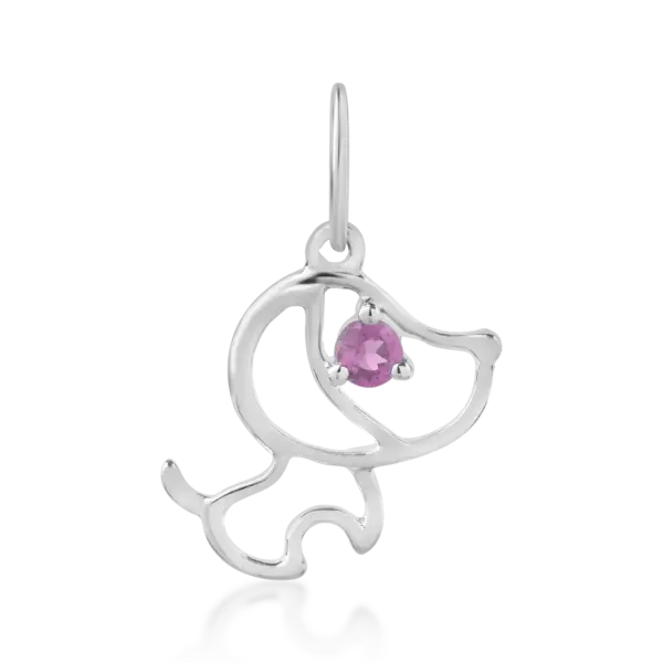 Pandantiv catelus pentru copii din aur alb cu safir roz de 0.05ct