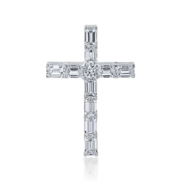Pandantiv cruce din aur alb cu diamante baguette si rotunde de 1.9ct