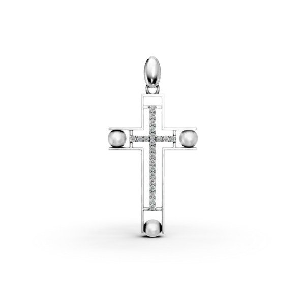 Pandantiv cruce din aur alb cu diamante de 0.18ct si perle de cultura