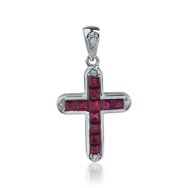 Pandantiv cruce din aur alb cu rubine square de 0.66ct si diamante de 0.03ct