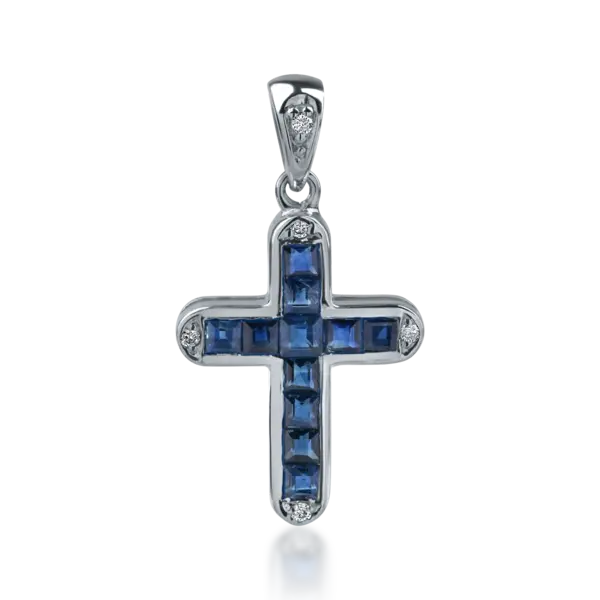 Pandantiv cruce din aur alb cu safire rectangulare de 0.6ct si diamante de 0.03ct