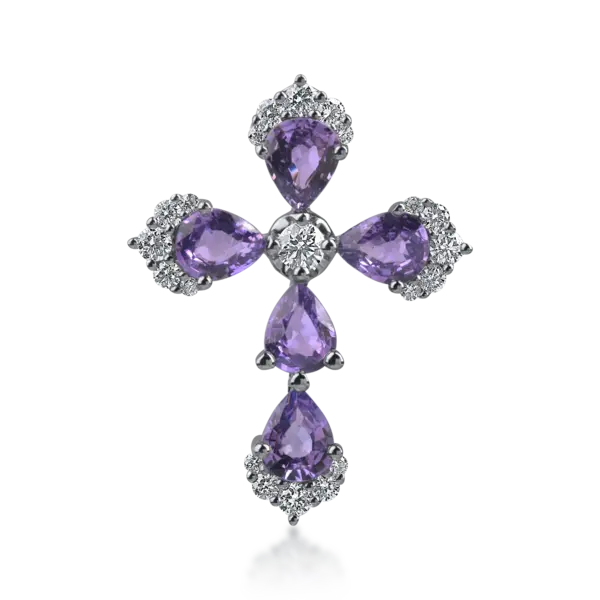 Pandantiv cruce din aur alb cu safire violet para de 1.72ct si diamante de 0.33ct