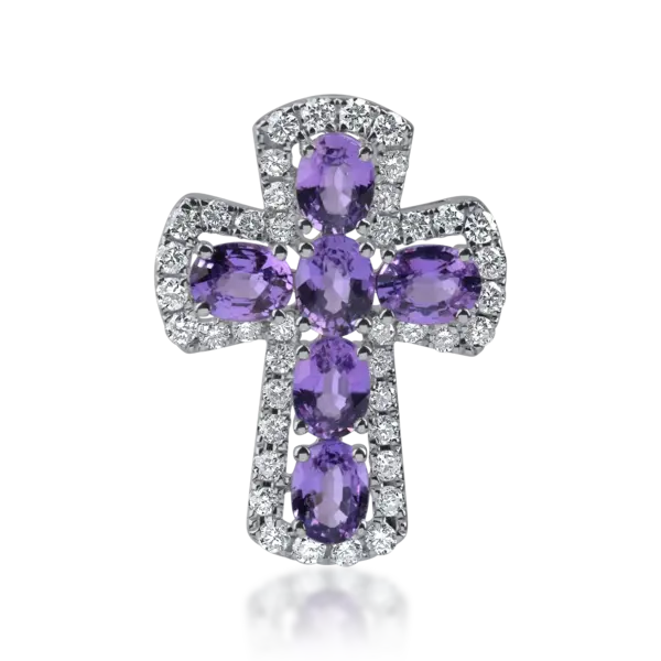 Pandantiv cruce din aur cu safire violet ovale de 1.45ct si diamante de 0.34ct