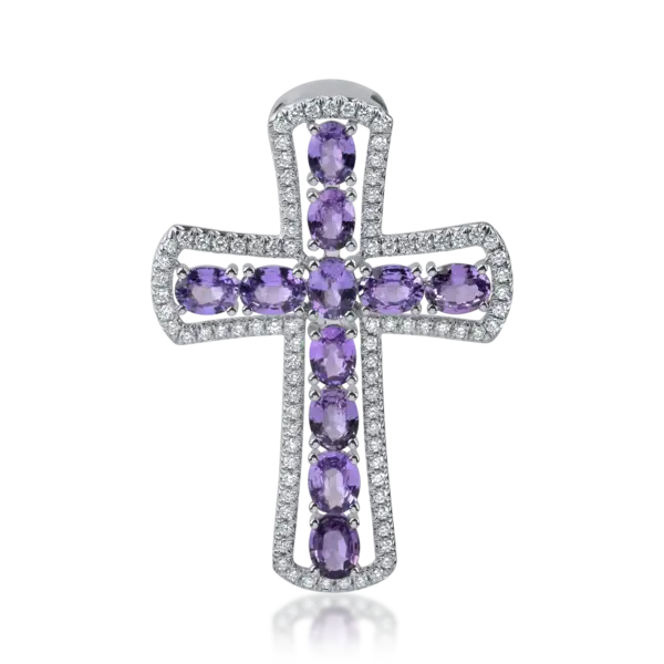 Pandantiv cruce din aur cu safire violet ovale de 2.19ct si diamante de 0.32ct