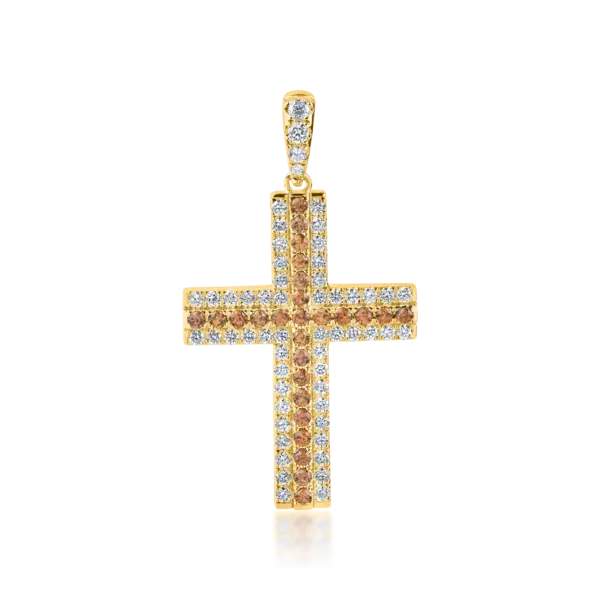 Pandantiv cruce din aur galben cu safire galbene de 0.9 ct si diamante de 0.9ct