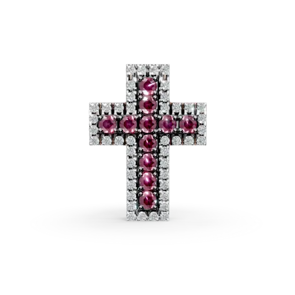 Pandantiv cruce din aur roz cu rubine de 0.287ct si diamante de 0.121ct
