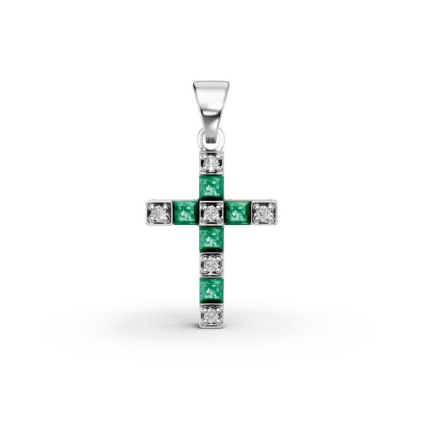 Pandantiv cruciulita din aur alb cu smaralde rectangulare de 0.2ct si diamante de 0.04ct