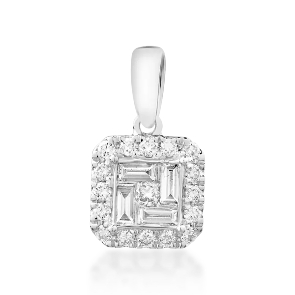 Pandantiv din aur alb cu diamante princess, baguette si rotunde de 0.4ct