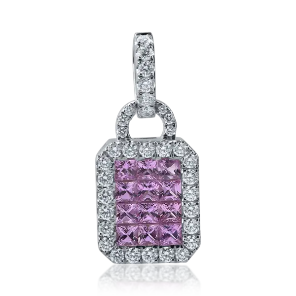 Pandantiv din aur alb cu safire roz princess de 1.11ct si diamante de 0.57ct
