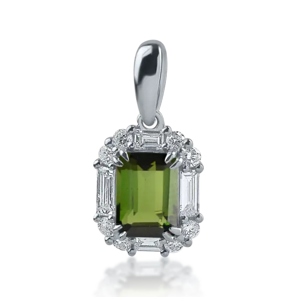 Pandantiv din aur alb cu turmalina verde de 1.03ct si diamante baguette si rotunde de 0.35ct