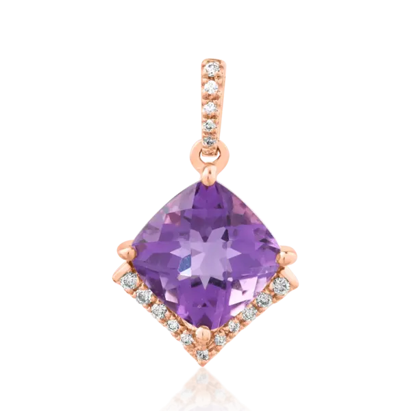 Pandantiv din aur roz cu ametist cushion de 2.3ct si diamante de 0.08ct