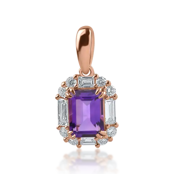 Pandantiv din aur roz cu ametist de 0.97ct si diamante baguette si rotunde de 0.34ct