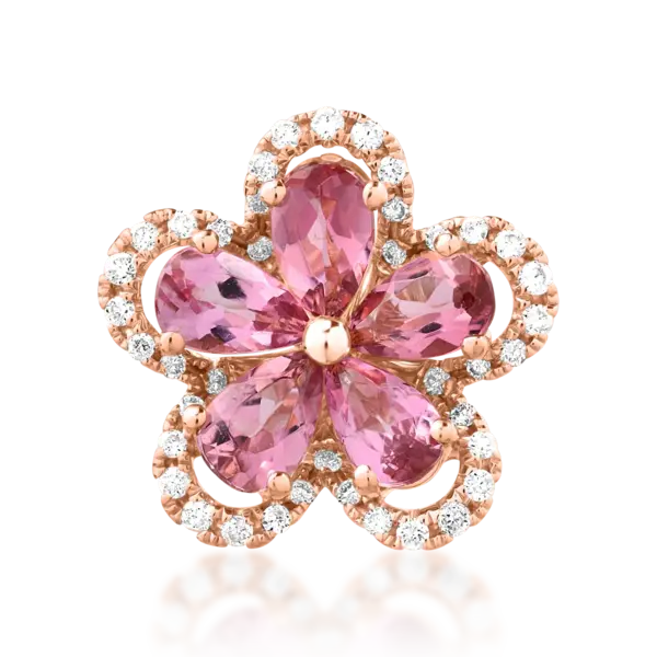 Pandantiv floare din aur roz cu turmaline roz de 0.9ct si diamante de 0.15ct