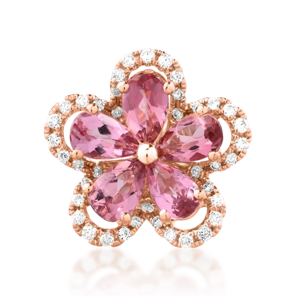 Pandantiv floare din aur roz cu turmaline roz pear de 1ct si diamante de 0.1ct