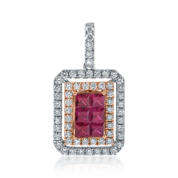 Pandantiv geometric din aur alb-roz cu rubine princess de 0.5ct si diamante de 0.5ct