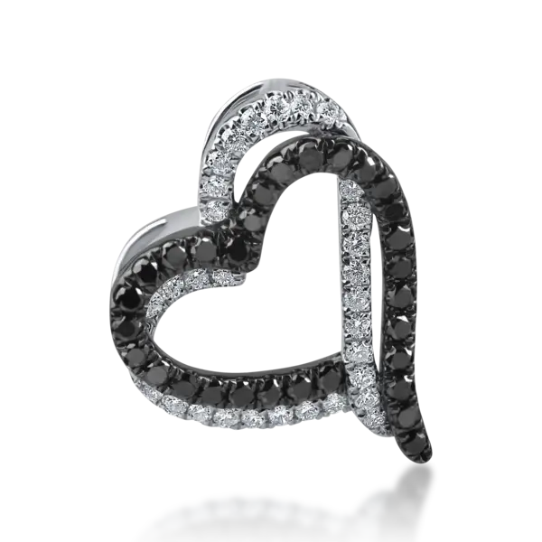 Pandantiv inima din aur alb negru cu diamante negre de 024ct si diamante incolore de 0.14ct