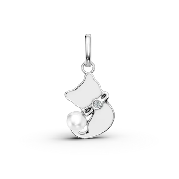 Pandantiv pisica din aur alb cu diamante de 0.03ct si perla sintetica