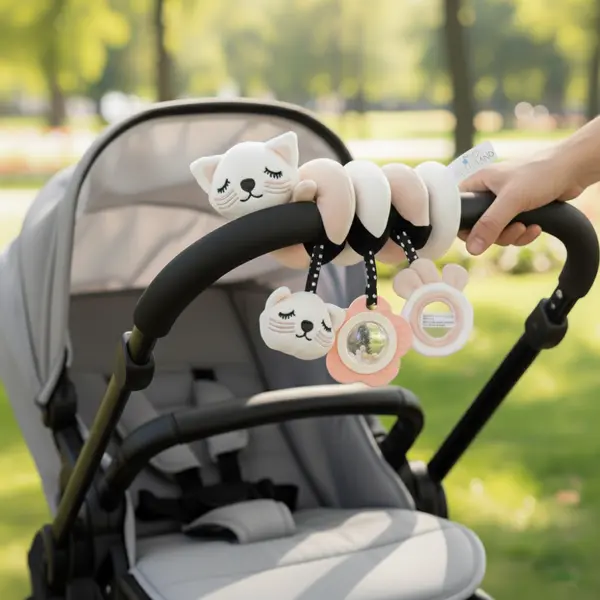 Pandantiv senzorial spiralat Bocioland Kitten pentru atasare la caruciorscaun autopatut, cu 3 accesorii interactive incluse