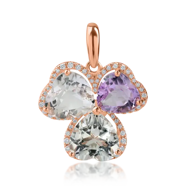 Pandantiv trifoi din aur roz cu ametiste heart de 6.2ct si diamante de 0.2ct