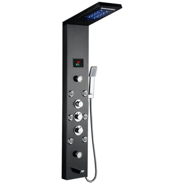 Panou dus modern din otel inoxidabil 304 cu functie cascada si jeturi multiple, montaj pe perete, culori negru, auriu si argintiu
