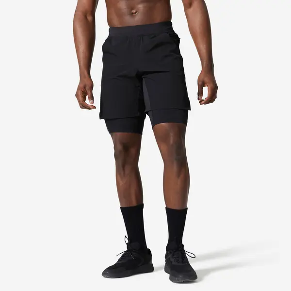 Pantalon scurt respirant 2 în 1 Fitness buzunare cu fermoar Negru Bărbați