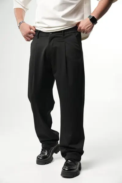 PANTALONI BARBATI WIDE LEG BLACK ELEGANT STREETWEAR (MĂRIME: L)