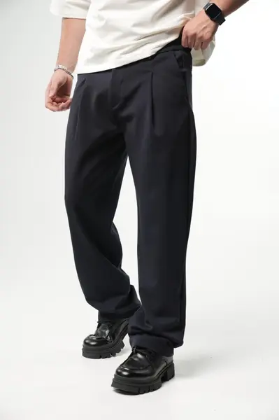 PANTALONI BARBATI WIDE LEG NAVY-BLUE ELEGANT STREETWEAR (MĂRIME: L)