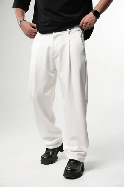 PANTALONI BARBATI WIDE LEG WHITE ELEGANT STREETWEAR (MĂRIME: L)