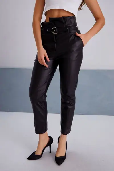Pantaloni casual Angy din piele ecologica, cu paperbag in talie si cordon, Negru