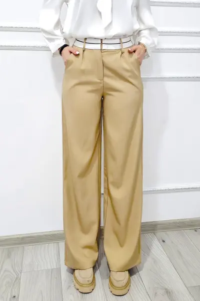 Pantaloni casual Kimchi, croiala larga si banda contrastanta, doua nuante, Bej, Marime S/M
