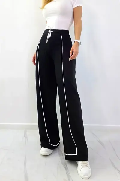 Pantaloni casual MODAL, croiala wide leg cu pensa si dungi, Negru
