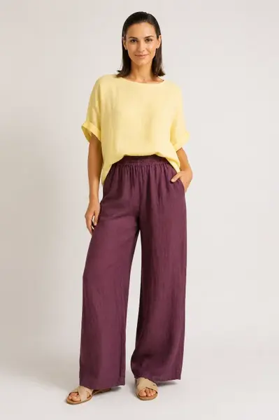 Pantaloni dama din in cu croi palazzo si talie elastica, mov pruna