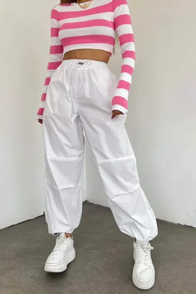 Pantaloni dama Force, croiala cargo, oversize, cu snur reglabil in talie si la baza piciorului, Alb