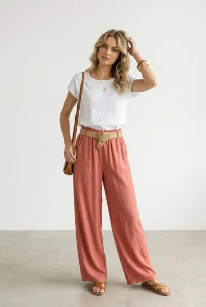 Pantaloni dama lejeri din tencel, cu talie elastica si curea, roz inchis