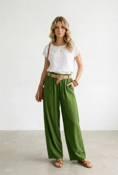 Pantaloni dama lejeri din tencel, cu talie elastica si curea, verde olive