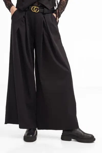 Pantaloni dama negri din stofa fina, palazzo, eleganti, cu talie inalta si curea