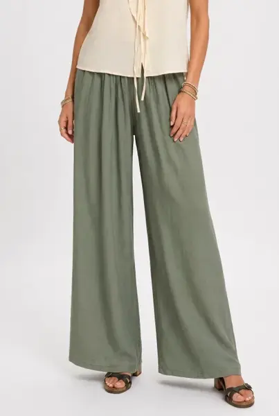 Pantaloni dama palazzo din vascoza cu talie elastica si curea, kaki