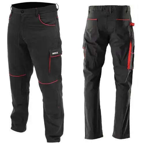 Pantaloni de lucru Yato COMFY, 100% bumbac periat, 7 buzunare, negru cu detalii rosii, M