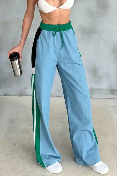 Pantaloni de trening Morelos, cu denim, snur in talie si croi large, Albastru/Verde