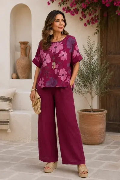 Pantaloni de vara din in, croi palazzo, cu curea in talie, bordo