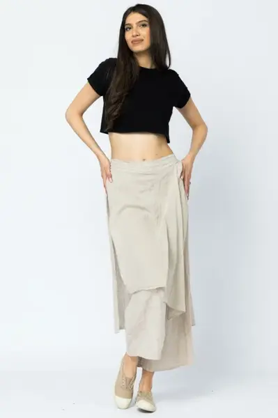 Pantaloni de vara din in, cu aplicatii pe fata si spate, bej