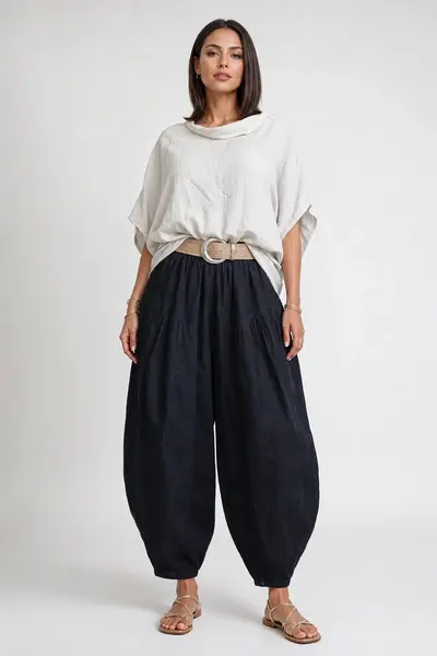 Pantaloni de vara din in cu croi balon oversized si talie elastica, negri