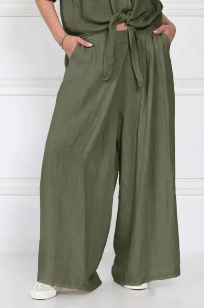 Pantaloni de vara din in cu croiala ampla si pliuri in talie, kaki