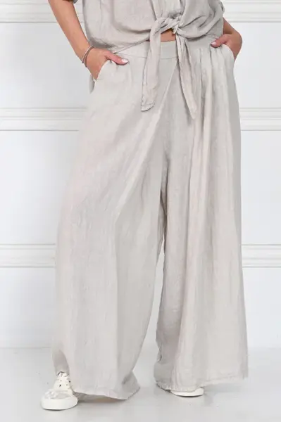 Pantaloni de vara din in cu croiala ampla si pliuri in talie, bej